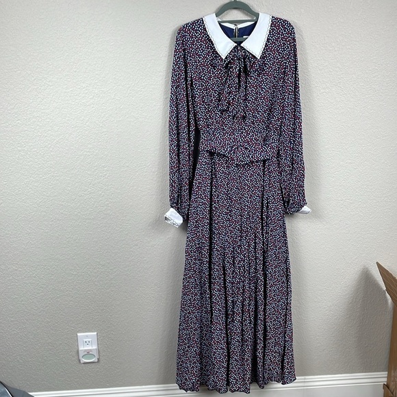 NWT GUL HURGEL Woven Maxi Dress Prairie Long Sleeve Polka Dot Blue Red White M - Picture 2 of 15